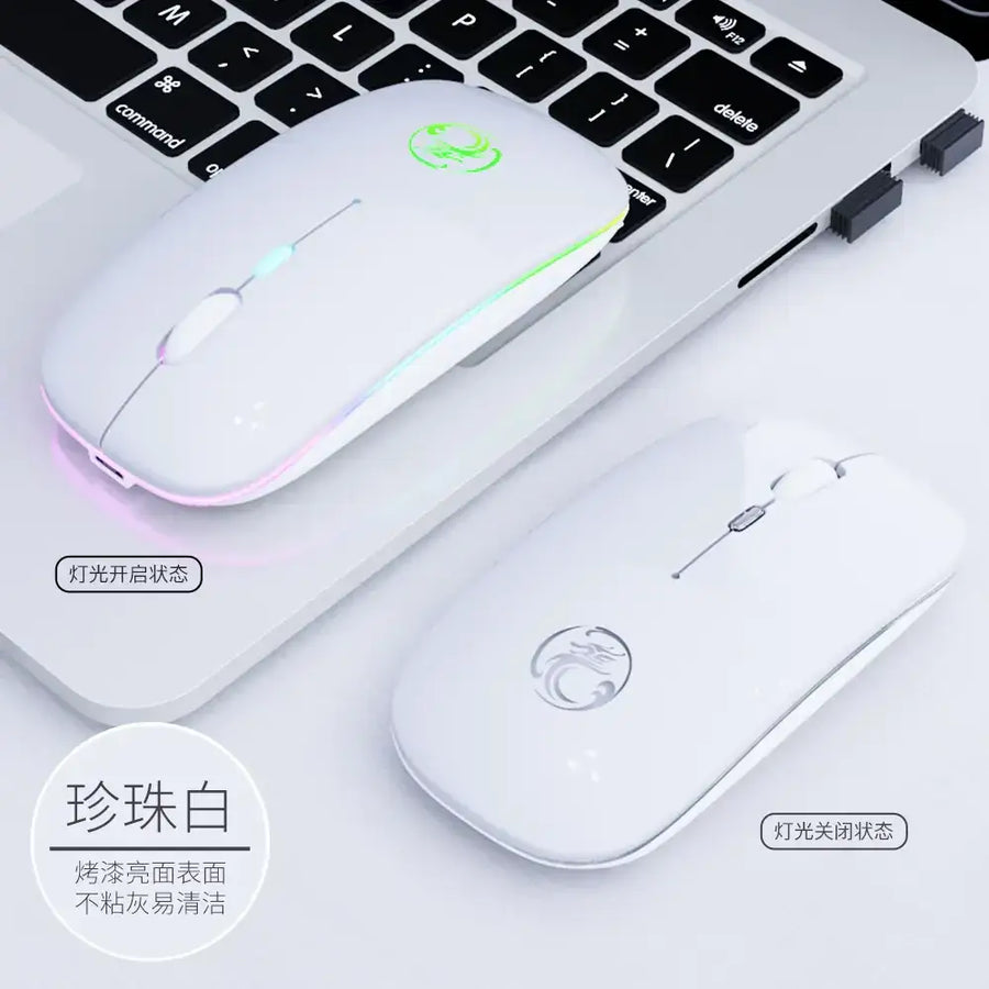 White wireless mouse with rgb lighting and a dragon logo, featuring a glossy pearl-white finish.