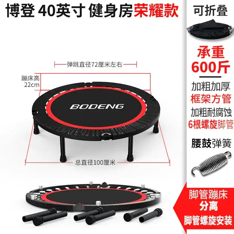 Black and red bodeng 40-inch foldable trampoline with thick, rust-resistant square frame and six screw-secured legs.