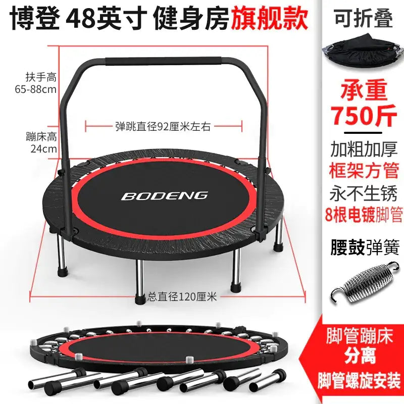 Black and red bodeng 48-inch foldable trampoline with a sturdy steel frame.