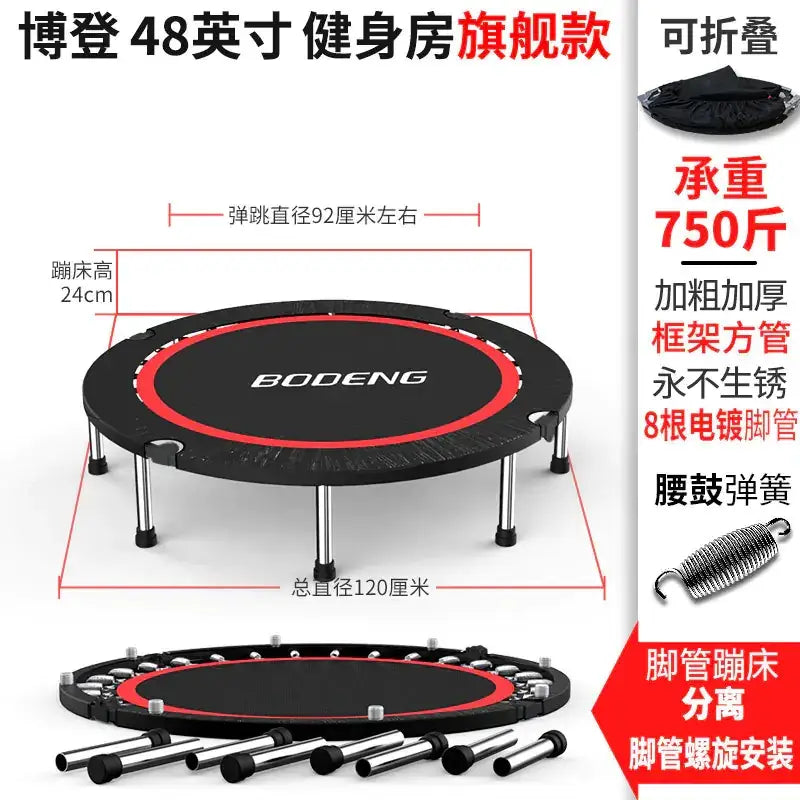 Black and red bodeng 48-inch foldable trampoline with a sturdy steel frame.