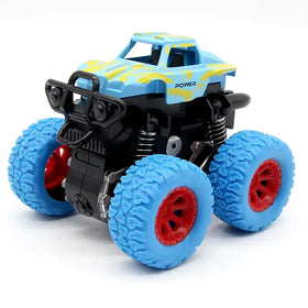 Blue and yellow monster truck toy with red rims and black chassis.