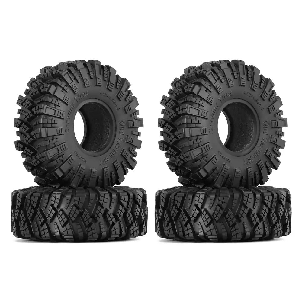 Black rubber off-road tires with deep, aggressive tread patterns and embossed text reading ’crawler tires’ on the sidewall.