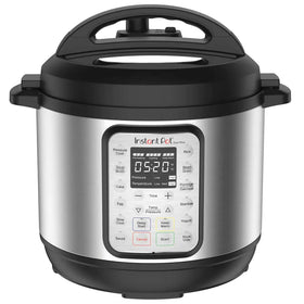Silver and black instant pot duo plus pressure cooker with a digital control panel displaying cooking settings.