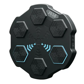 Black hexagonal-shaped gaming pad with blue led accents and a digital display showing ’3658’’.