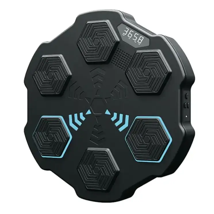 Black hexagonal-shaped gaming pad with blue led accents and a digital display showing ’3658’’.