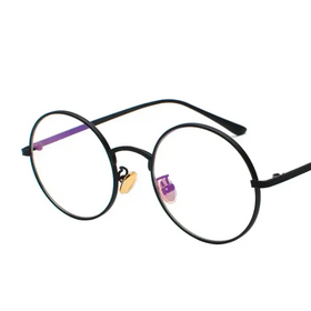 Black round-framed glasses with purple and gold accent details.