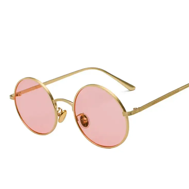 Gold-rimmed round sunglasses with pink lenses.