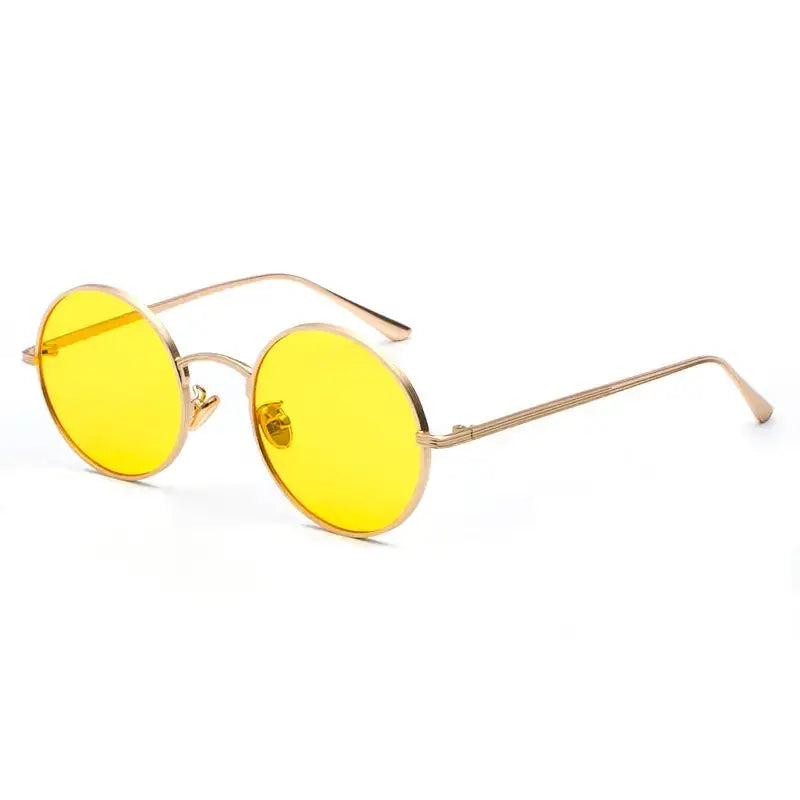 Gold-toned round sunglasses with vibrant yellow lenses.