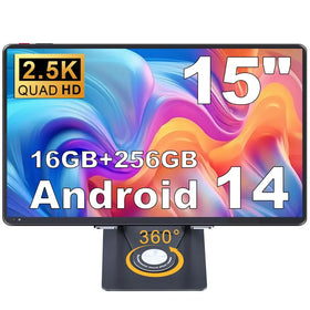 15-inch 2.5k quad hd android 14 tablet with 16gb ram and 256gb storage, featuring a sleek black design on a stand that supports 360-degree rotation for versatile viewing angles.
