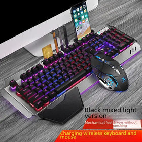 Black and silver gaming keyboard with rgb backlighting, paired with a matching black wireless mouse featuring blue accent lighting.
