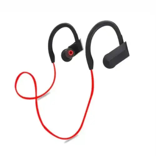 Black and red wireless earphones with a flexible, curved design for secure fit during exercise.