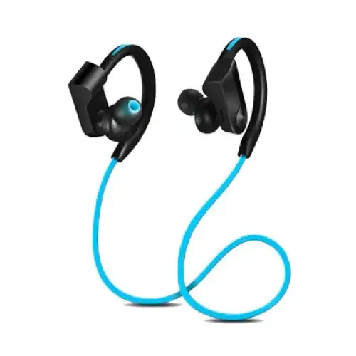 Black and blue wireless earphones with a flexible, curved design for secure fit during exercise.