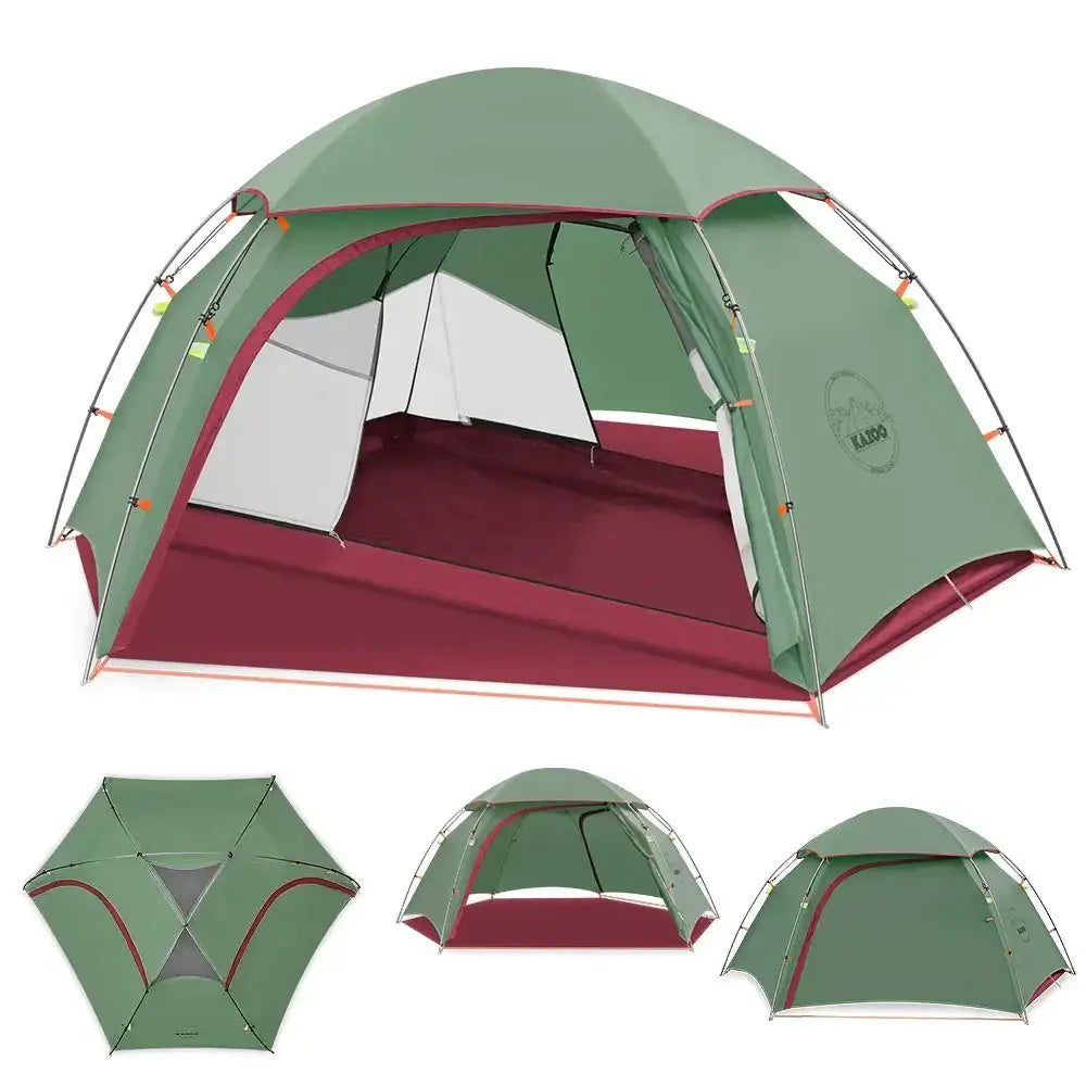 Green and maroon kampa tent with a waterproof outer shell and mesh windows.