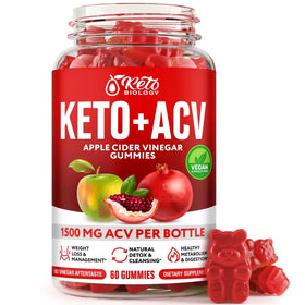 Red gummy bear-shaped keto+acv apple cider vinegar supplements in a clear glass jar.