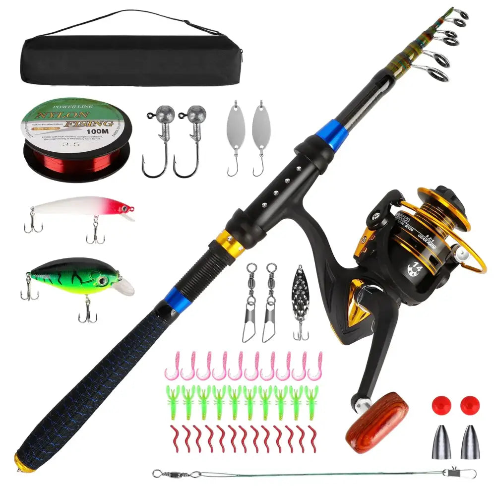 Black and gold fishing rod with a matching reel, featuring blue accents on the handle and shaft.