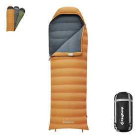 Orange kingcamp sleeping bag with a gray interior and horizontal stitching, shown alongside its black compression sack.
