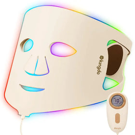 Beige kingdo led facial mask with rainbow-colored light therapy panels and a matching remote control.