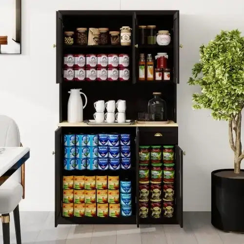 Black wooden pantry cabinet with glass-fronted upper shelves displaying jars and mugs, lower sections stocked with neatly arranged canned goods.