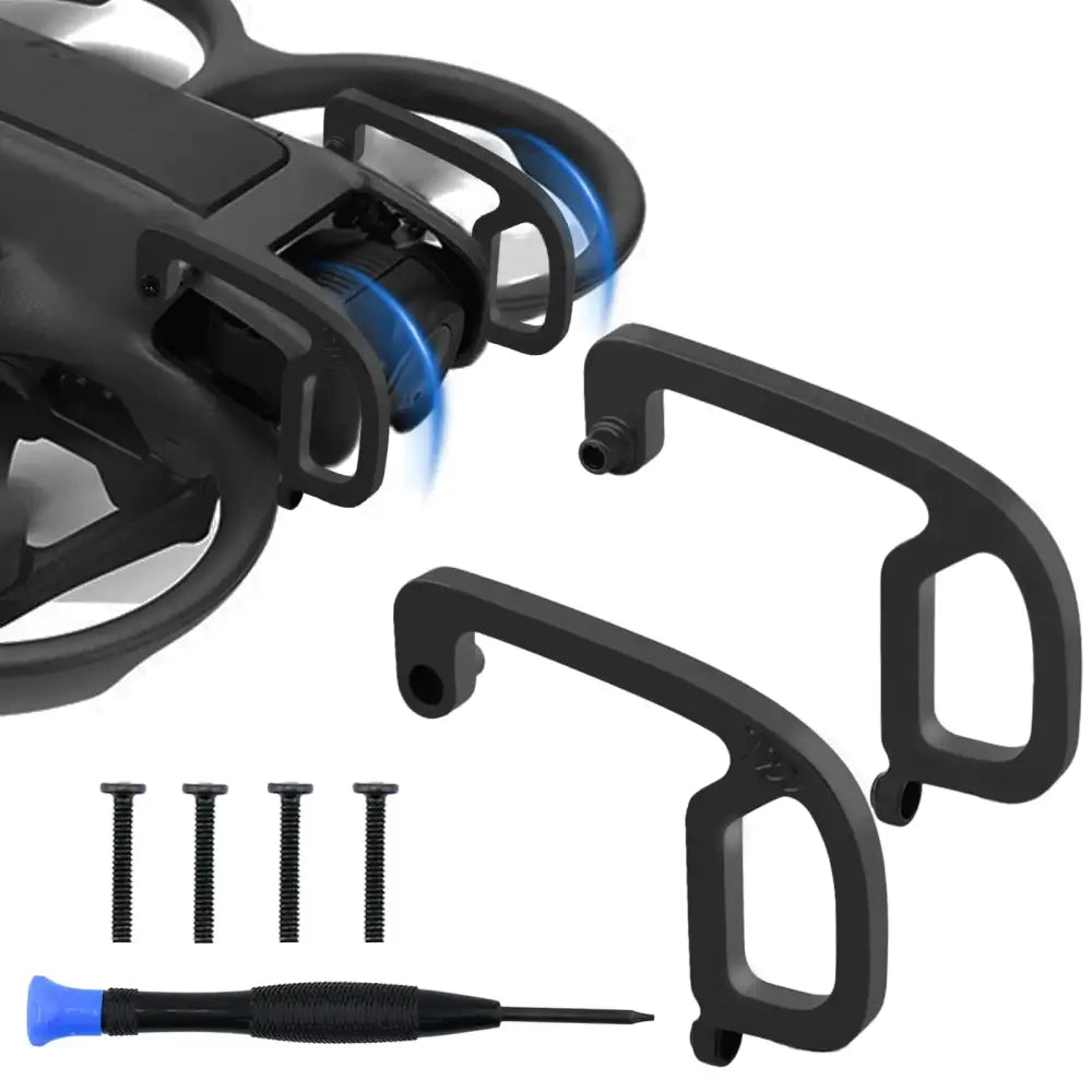 Black plastic drone handle grips with a blue-tipped screwdriver and screws included.