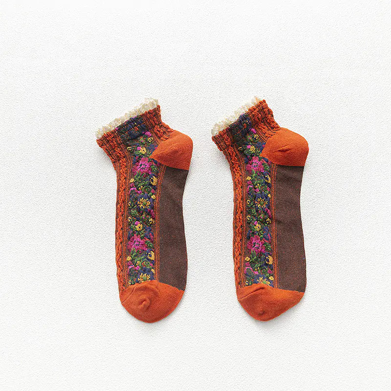Women's Retro Floral Lace Cotton Boat Socks - Joomcy