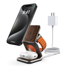 Wooden and metallic multi-device wireless charger stand with integrated charging slots for phone, smartwatch, and earbuds.