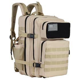 Tan tactical backpack with black trim, webbing straps, and a black patch featuring an american flag emblem.