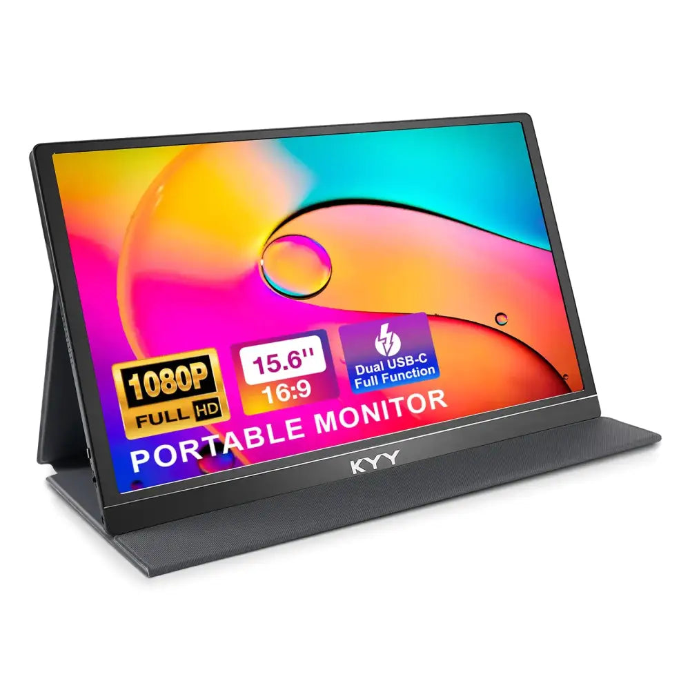 Black 15.6-inch portable monitor with a textured stand and screen displaying vibrant abstract graphics