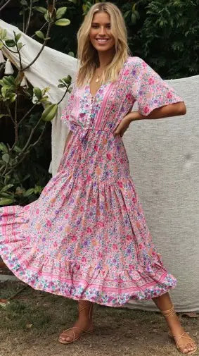 Pink Floral V-Neck Long Dress for Women - Joomcy