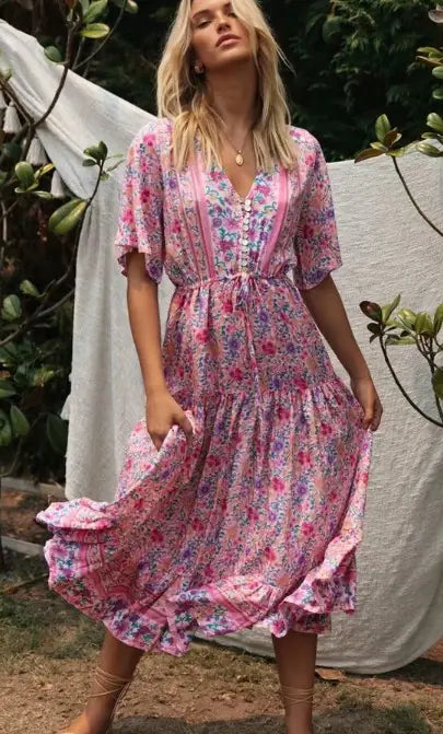 Pink Floral V-Neck Long Dress for Women - Joomcy