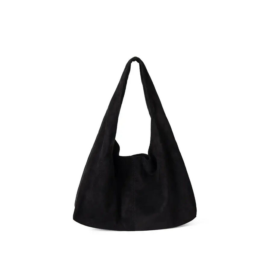 Black suede hobo bag with a soft, slouchy silhouette and wide shoulder strap.