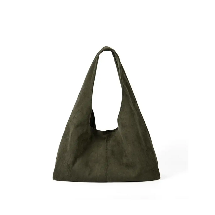 Olive green suede hobo bag with a soft, slouchy silhouette and wide shoulder strap.
