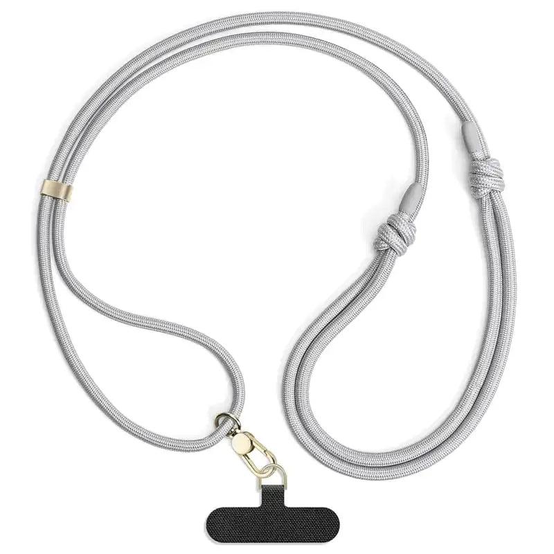 Gray braided lanyard with a black fabric tag and gold-tone metal clasp.