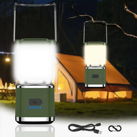 Olive green portable lantern with clear glass top and silver metallic accents, featuring a usb charging port on the base.