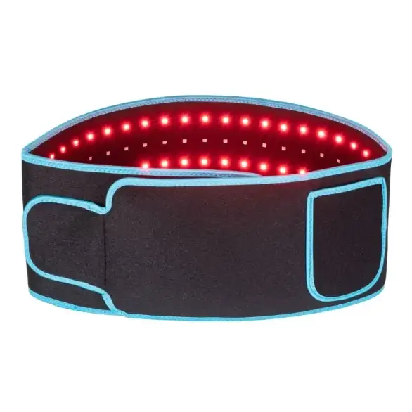 Black led therapy belt with red lights and light blue trim.