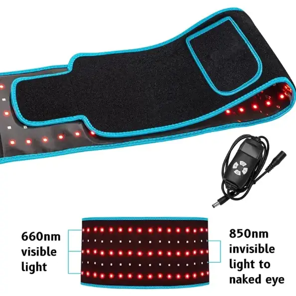 Black led therapy belt with teal trim and red lights emitting 660nm visible light and 850nm invisible light.