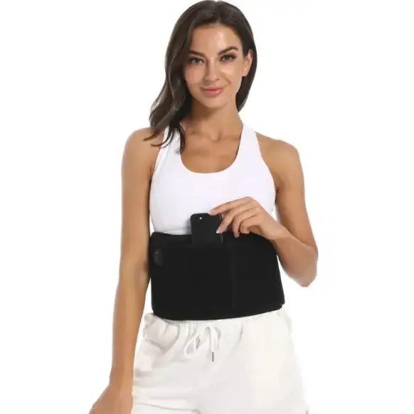 Black waist support belt with a front pocket holding a smartphone.