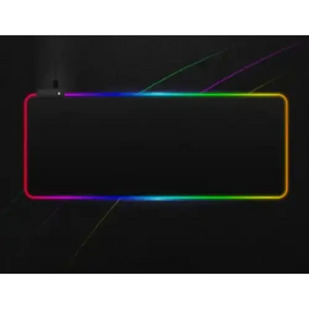A sleek black rectangular gaming mousepad with a vibrant rainbow led light border.