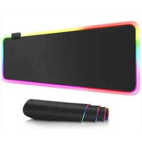 Black rectangular rgb gaming mousepad with colorful illuminated edge and matching rolled-up carrying case.