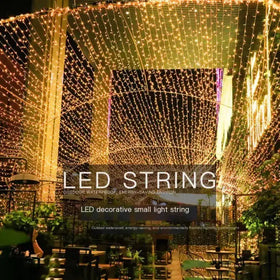 Golden led string lights, designed for outdoor use with a waterproof and energy-saving build.