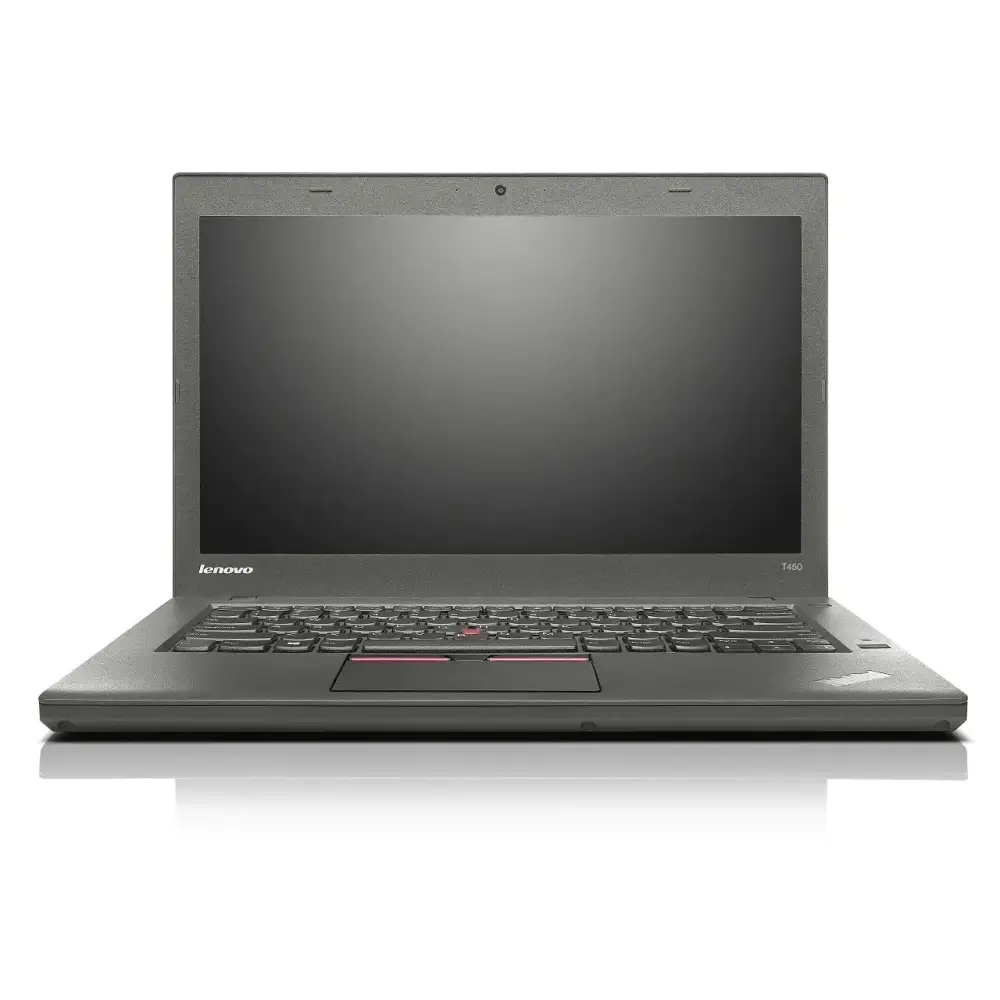 Black lenovo thinkpad t450 laptop with a matte finish and red trackpoint.