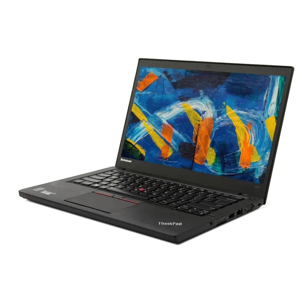 Black lenovo thinkpad laptop with a sleek, minimalist design and a vibrant abstract wallpaper on the screen.