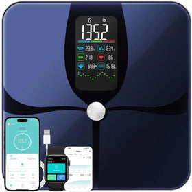 Deep blue, sleek digital smart scale with a glossy finish and an illuminated display showing weight metrics.