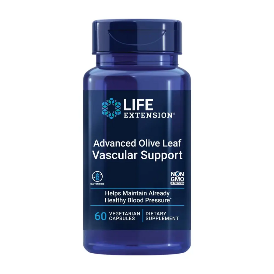 Deep blue plastic bottle of life extension advanced olive leaf vascular support dietary supplement.