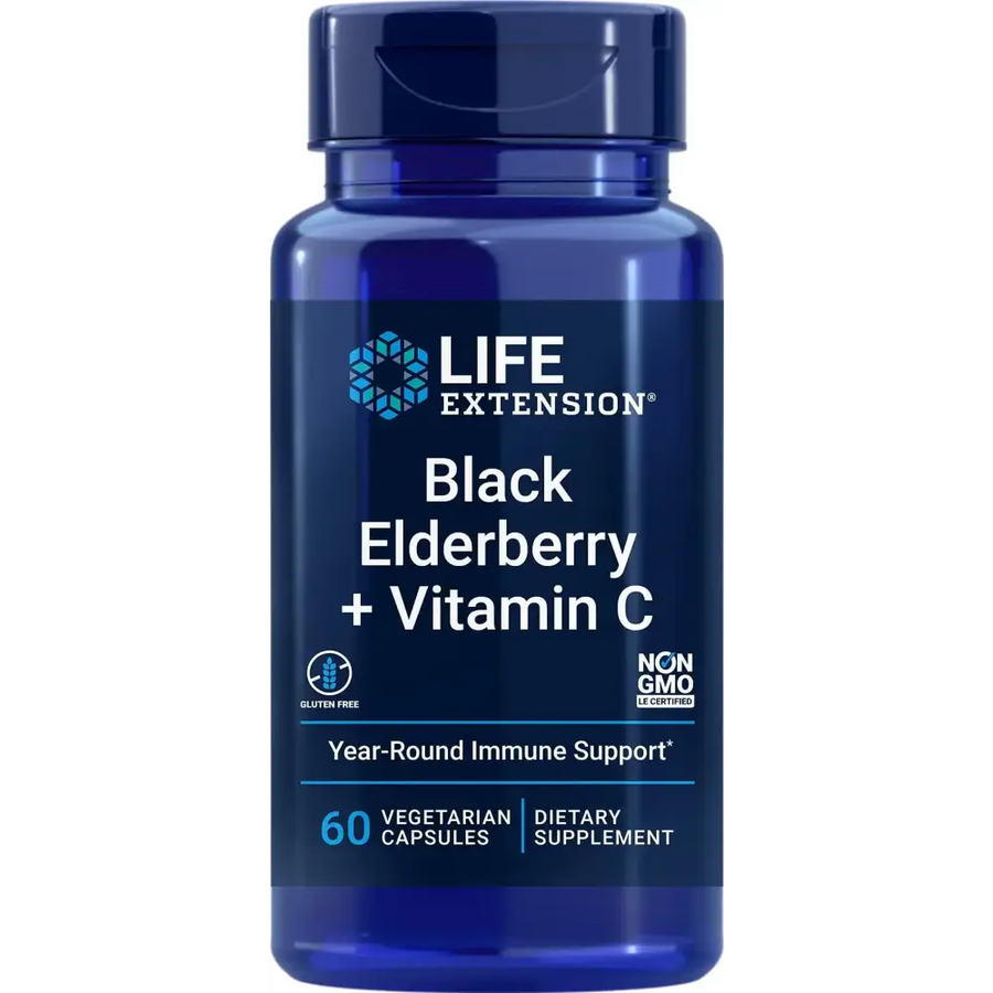 Blue plastic bottle of life extension black elderberry + vitamin c dietary supplement with a dark blue cap and label detailing 60 vegetarian capsules.