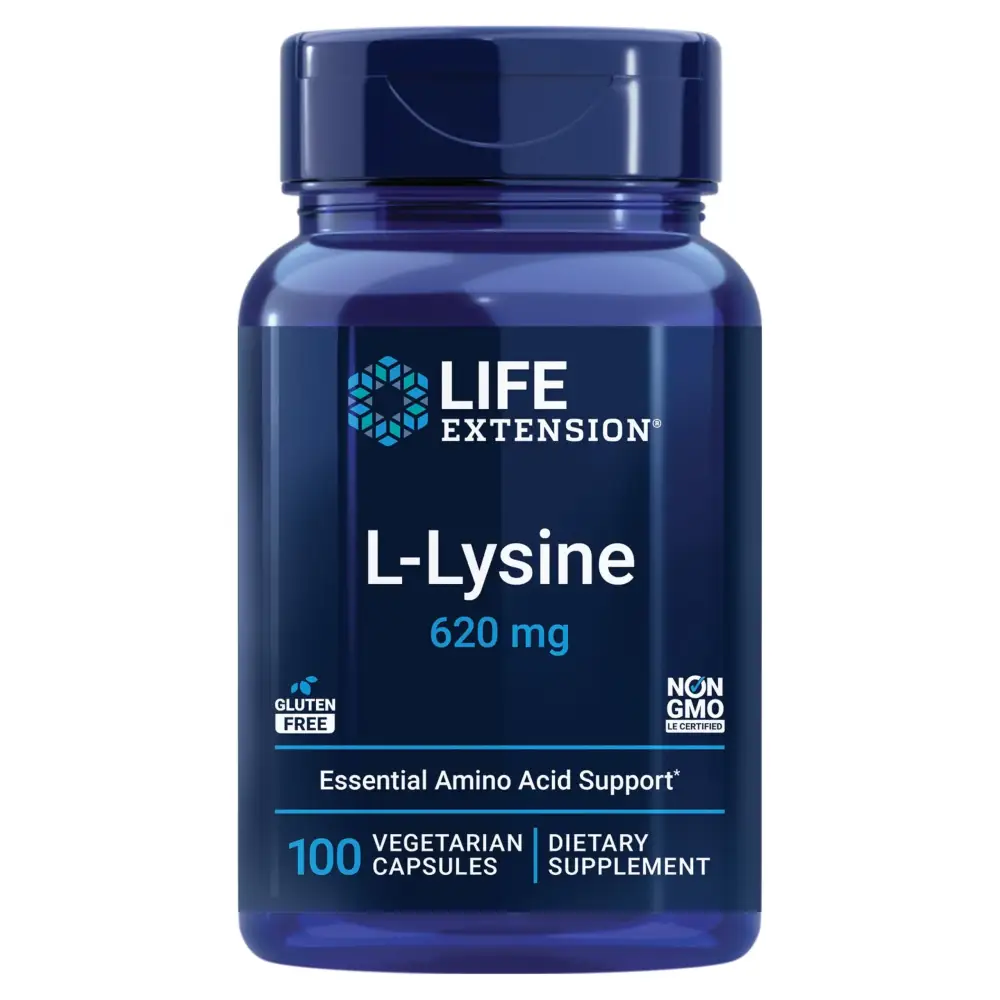 Life Extension L-Lysine 620 mg Essential Amino Acid for Healthy nitrogen Balance Calcium Metabolism Stress Response & More Gluten-Free Non-GMO Vegetarian 100 Capsules