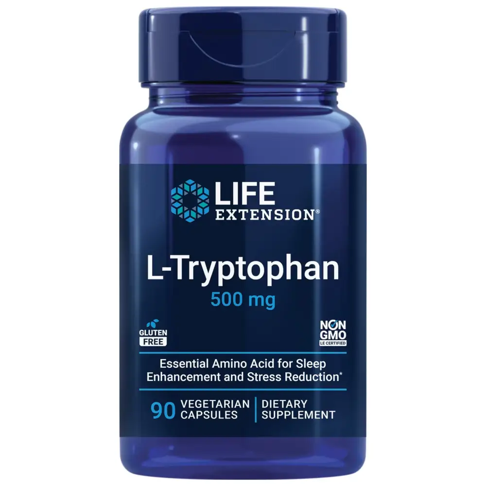 Life Extension L-Tryptophan 500 mg Encourages Healthy Serotonin Levels and Promotes Healthy Sleep Mood Stress Response & Satiety Gluten-Free Non-GMO Vegetarian 90 Capsules