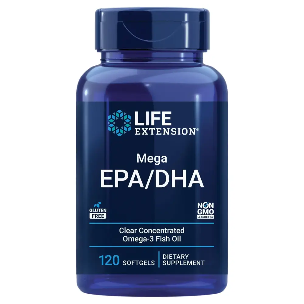 Life Extension Mega EPA/DHA Omega-3 Fatty acids Heart & Brain Health Inflammation Health Support Non-GMO Gluten-Free 120 softgels
