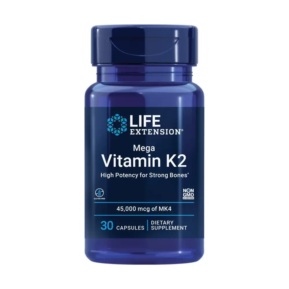 Life Extension Mega Vitamin K2 High Potency for Strong Bones clinically Studied 45 mg K2 Dosage Promotes Healthy Bone Density Gluten-Free Non-GMO 30 Capsules