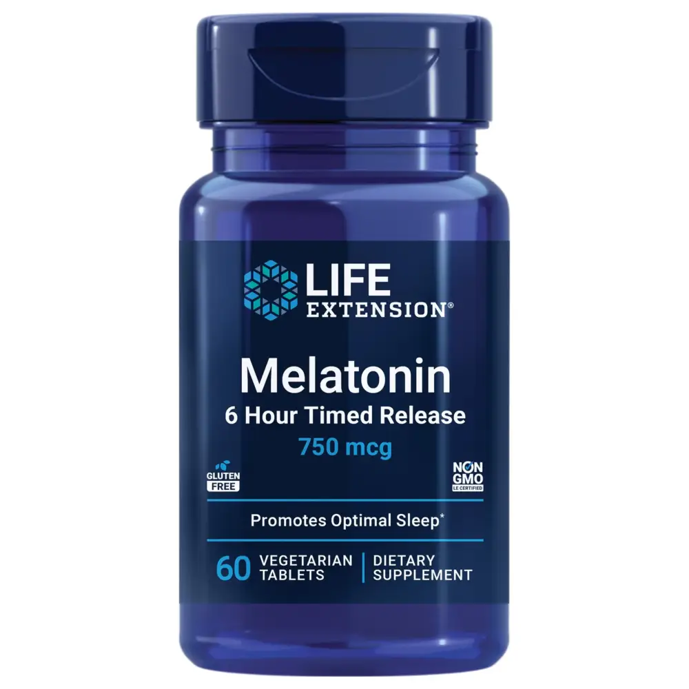 Life Extension Melatonin 6 Hour Timed Release 750 mcg Extended-Release Formula for Gentle Sleep Support Healthy circadian Rhythms Cellular Defense Gluten-Free Non-GMO Vegetarian 60 Tablets