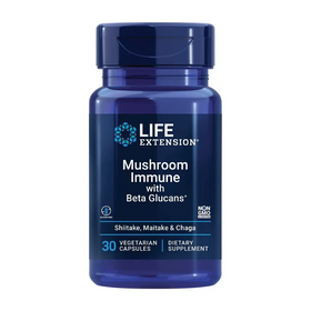A dark blue plastic bottle of life extension mushroom immune with beta glucans dietary supplement, featuring a matching cap and label detailing its contents as 30 vegetarian capsules.